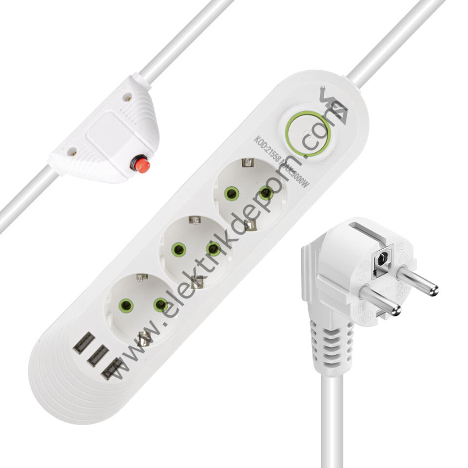 VEA VA-21558 3'LÜ 1.5 METRE KABLOLU 3 USB'Lİ BEYAZ AKIM KORUMALI PRİZ