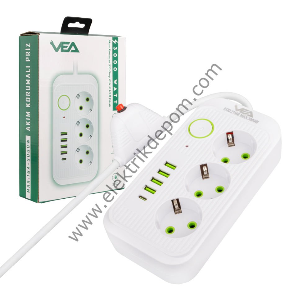 VEA VA-21566 3'LÜ 1.5 METRE KABLOLU 4 USB'Lİ+ TYPE-C BEYAZ AKIM KORUMALI PRİZ