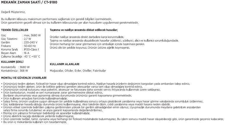 Cata Zaman Ayarlı Priz Mekanik Zaman Saati CT-9180 Mekanik Zamanlayıcı