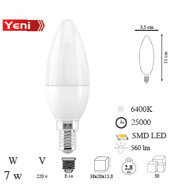 CATA CT-4079 Ledli Buji Ampul 7 Watt Beyaz E14