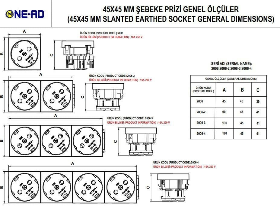 Ne-Ad 45x45 mm 2'li Kanal Şebeke Prizi  2006-2