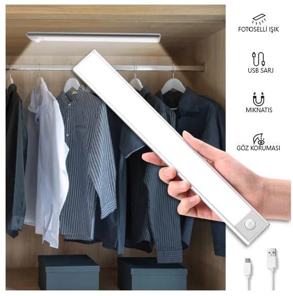 CATA ULTRA SLİM KABLOSUZ GÜNIŞIK LED CABİNET  GECE LAMBA HAREKET SENSÖRLÜ DOLAP TEZGAH MAKYAJ TRAŞ ŞARJLI LED BANT ARMATÜR 60CM