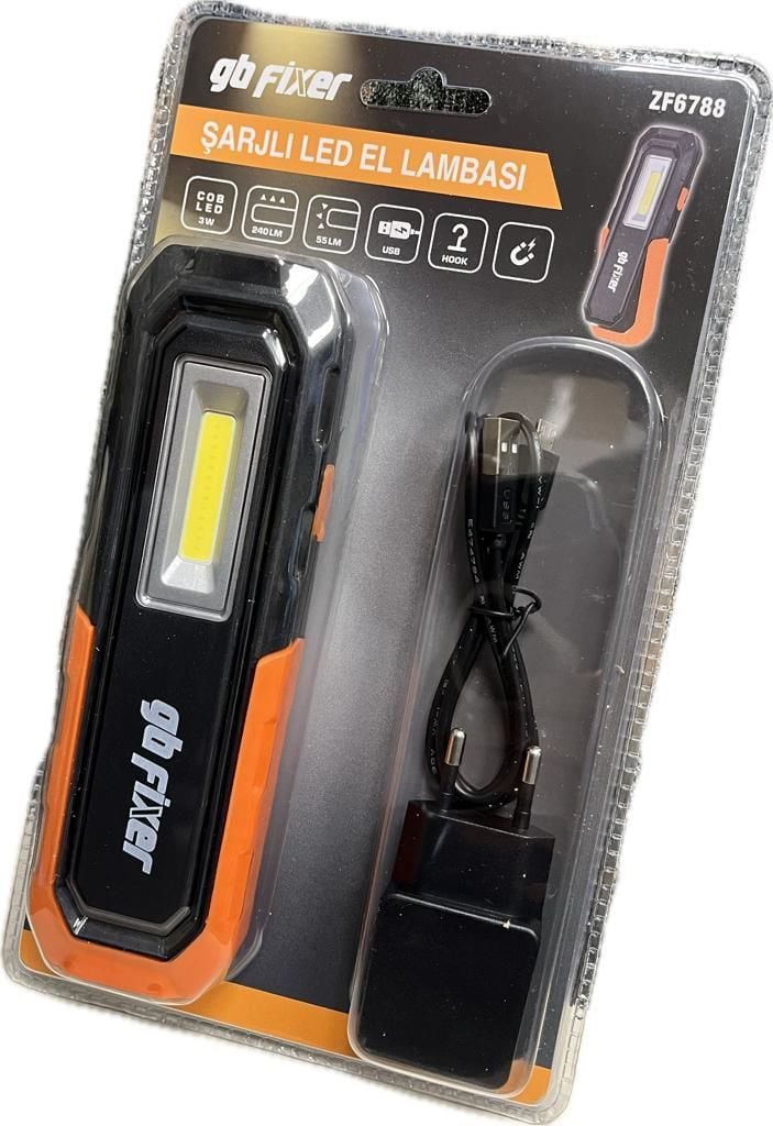 Şarjlı Led El Lambası Mıknatıslı Tamirci Feneri 3 Watt Kancalı 3 Fonksiyonlu Oto Tamirci Kamp Outdoor 240 Lümen USB Kablo ve Adaptör Dahil