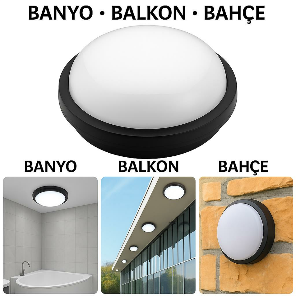 Horoz Artos 20W Yuvarlak Siyah Led Nem Su Geçirmez Banyo Bahçe Modern Tavan Lambası Beyaz Işık 6500K