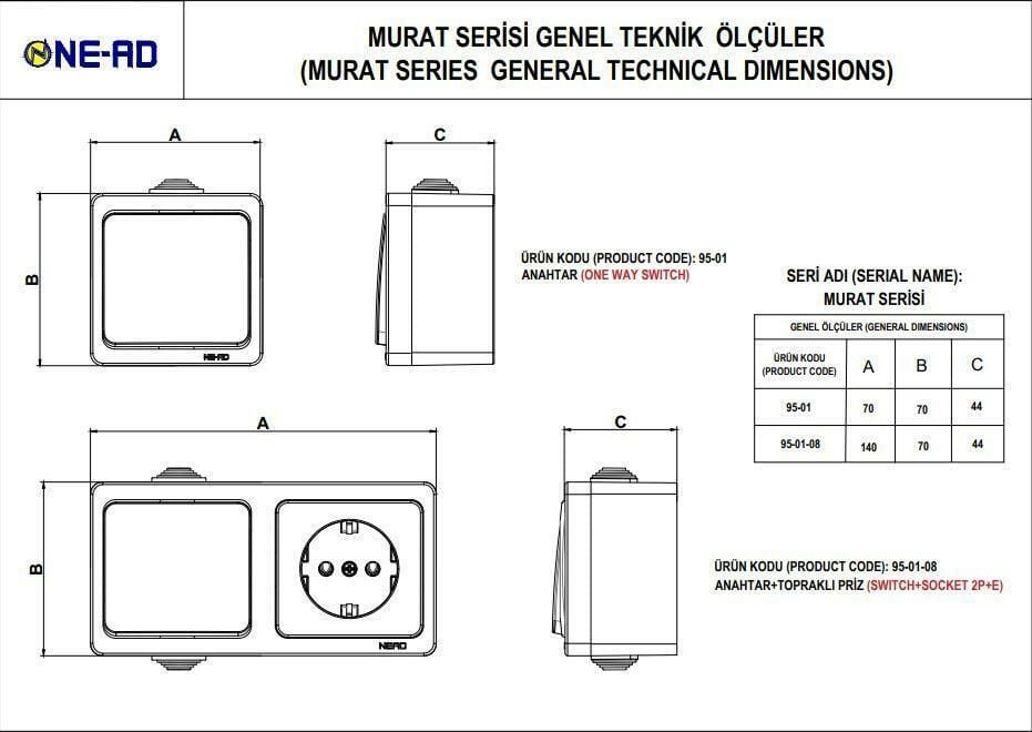 Ne-Ad Sıvaüstü İkili Data Prizi Cat6 Soketli 95-23-D2