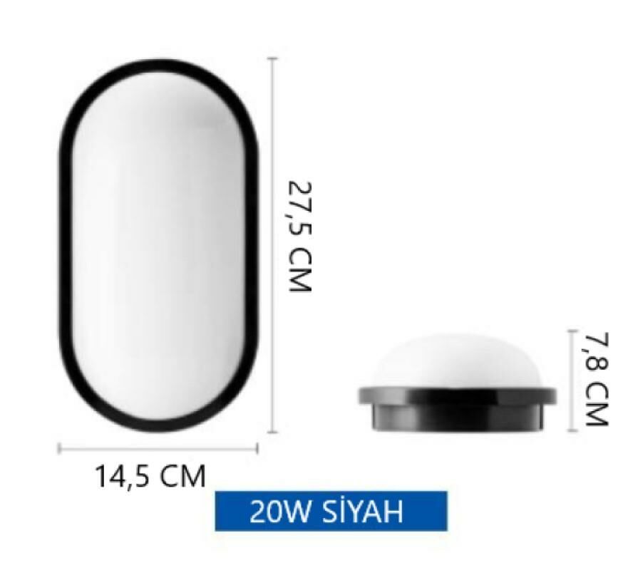 Horoz Aydos 20W Oval Siyah Led Nem Su Geçirmez Banyo Bahçe Modern Tavan Lambası Beyaz Işık