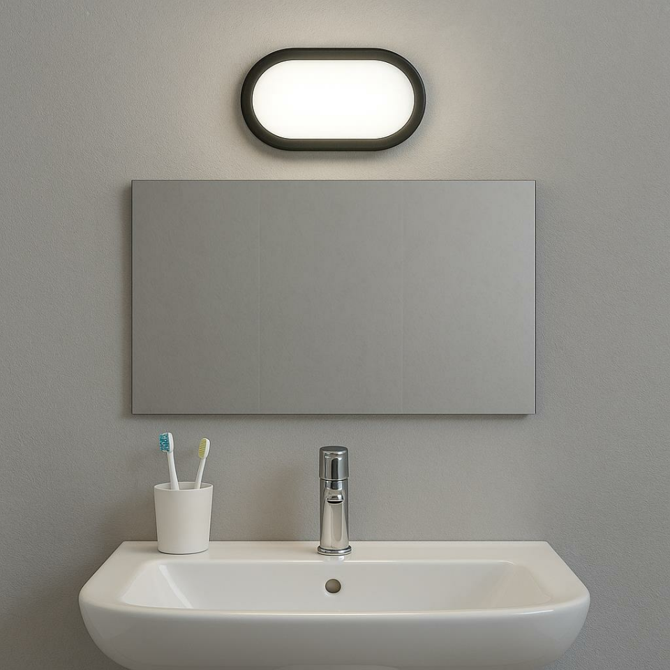 Horoz Aydos 20W Oval Siyah LED Tavan ve Duvar Lambası | 6500K Beyaz Işık | IP65 Su ve Toz Geçirmez Banyo, Bahçe, Garaj Aydınlatma Armatürü