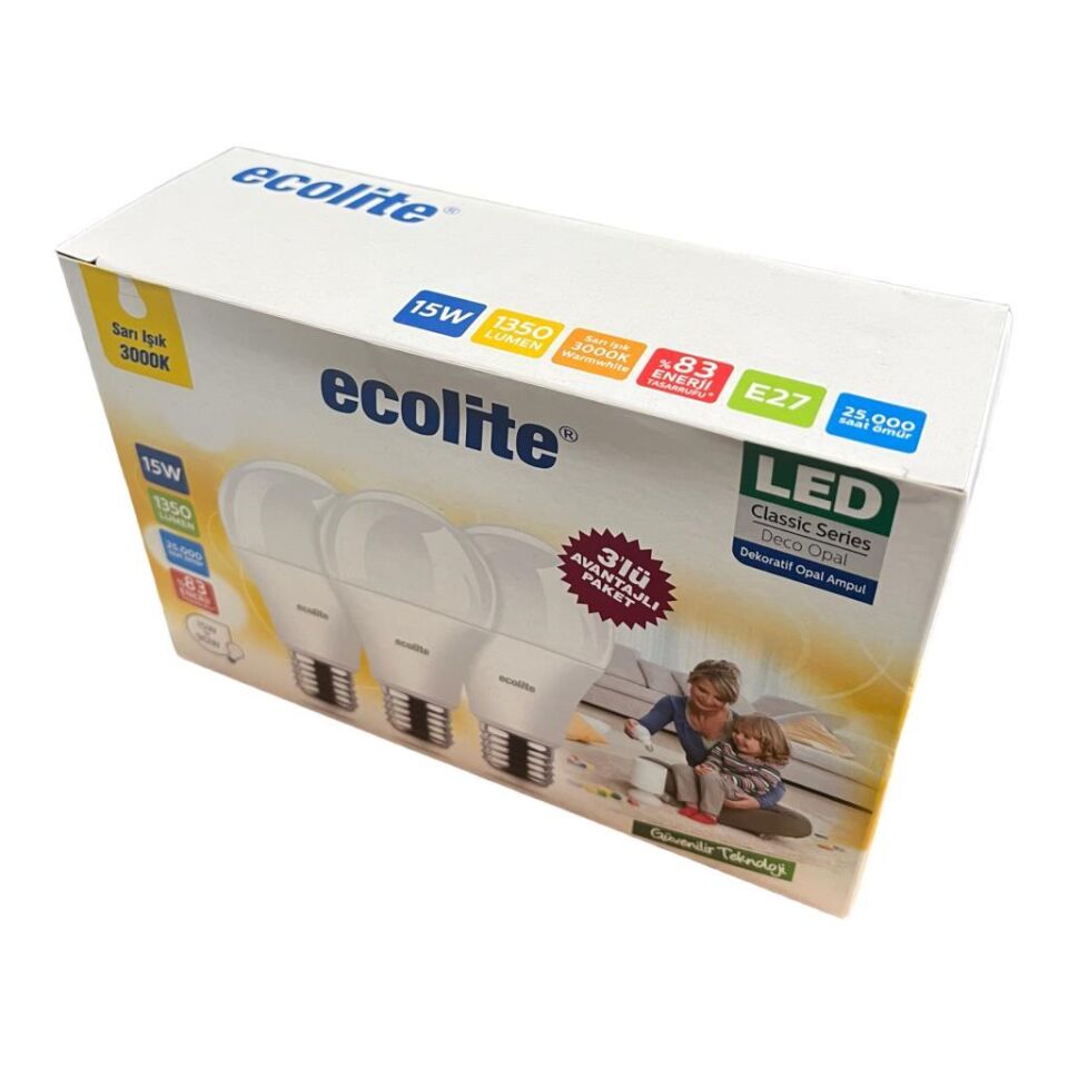 Ecolite 15 Watt (90 W) 3000k Sarı Işık Led Ampul 3'lü Paket