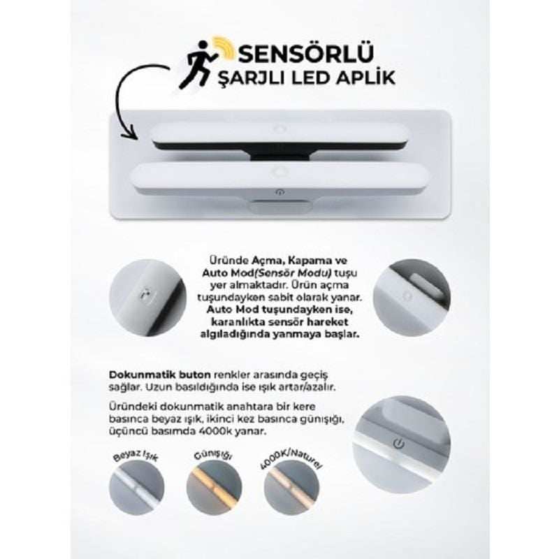 Sensörlü Led Işık Şarjlı Mıknatıslı Led Lamba 5 Watt Nova Beyaz Hero Led Aplik 3 Renk Işık Modu