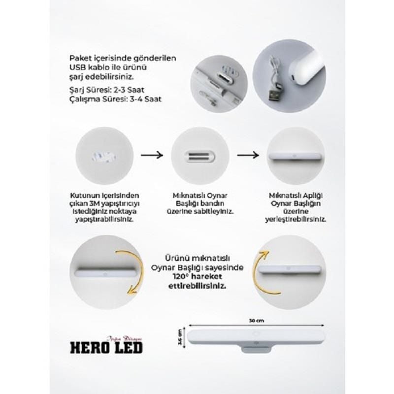 Sensörlü Led Işık Şarjlı Mıknatıslı Led Lamba 5 Watt Nova Beyaz Hero Led Aplik 3 Renk Işık Modu
