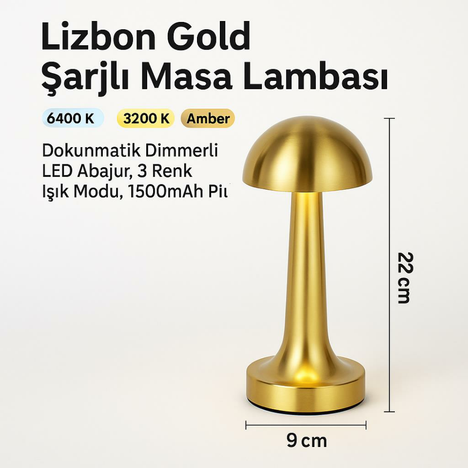 CATA CT-8429 Lizbon Gold Masa Lambası – Şarjlı, Dokunmatik, 3 Renk Modlu LED Aydınlatma