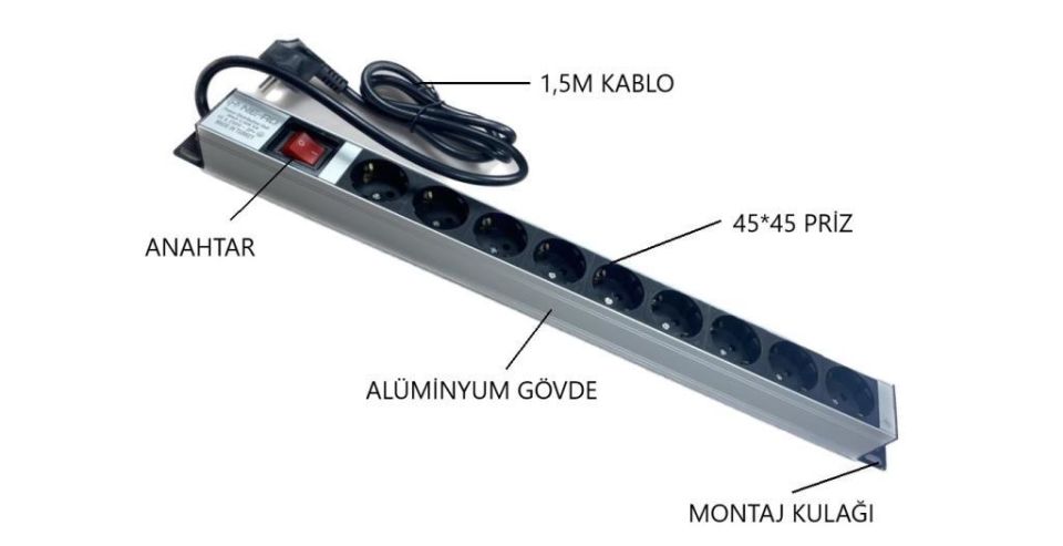 NE-AD 9'lu 1,5 Metre Kablolu Grup Priz Anahtarlı Aluminyum Gövde 16A 250V 4000W