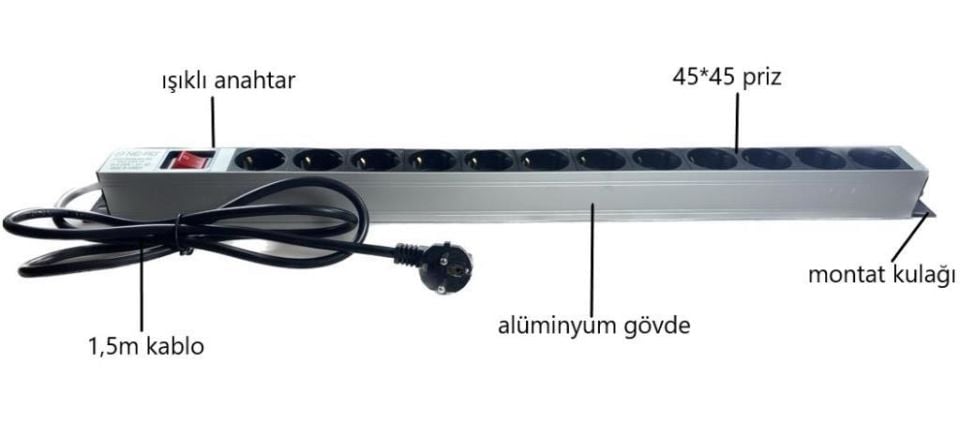 NE-AD 12'li 1,5 Metre Kablolu Anahtarlı Grup Priz Aluminyum Gövde 16A 250V 4000W