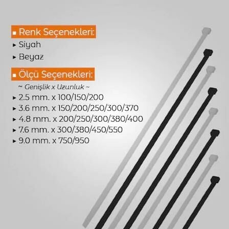Çetsan 9,0x750 Siyah Kablo Bağı Plastik Cırt Kelepçe-100 Adet