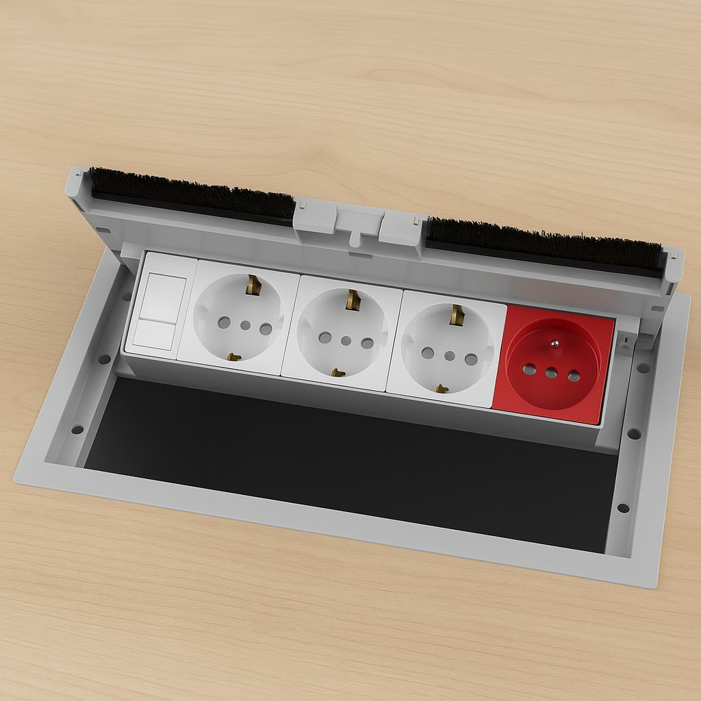NE-AD 3100 Gri Masa Üstü Kapaklı Priz Kutusu – 3 Şebeke + 1 UPS + 1 Data Prizli, ABS Gövde