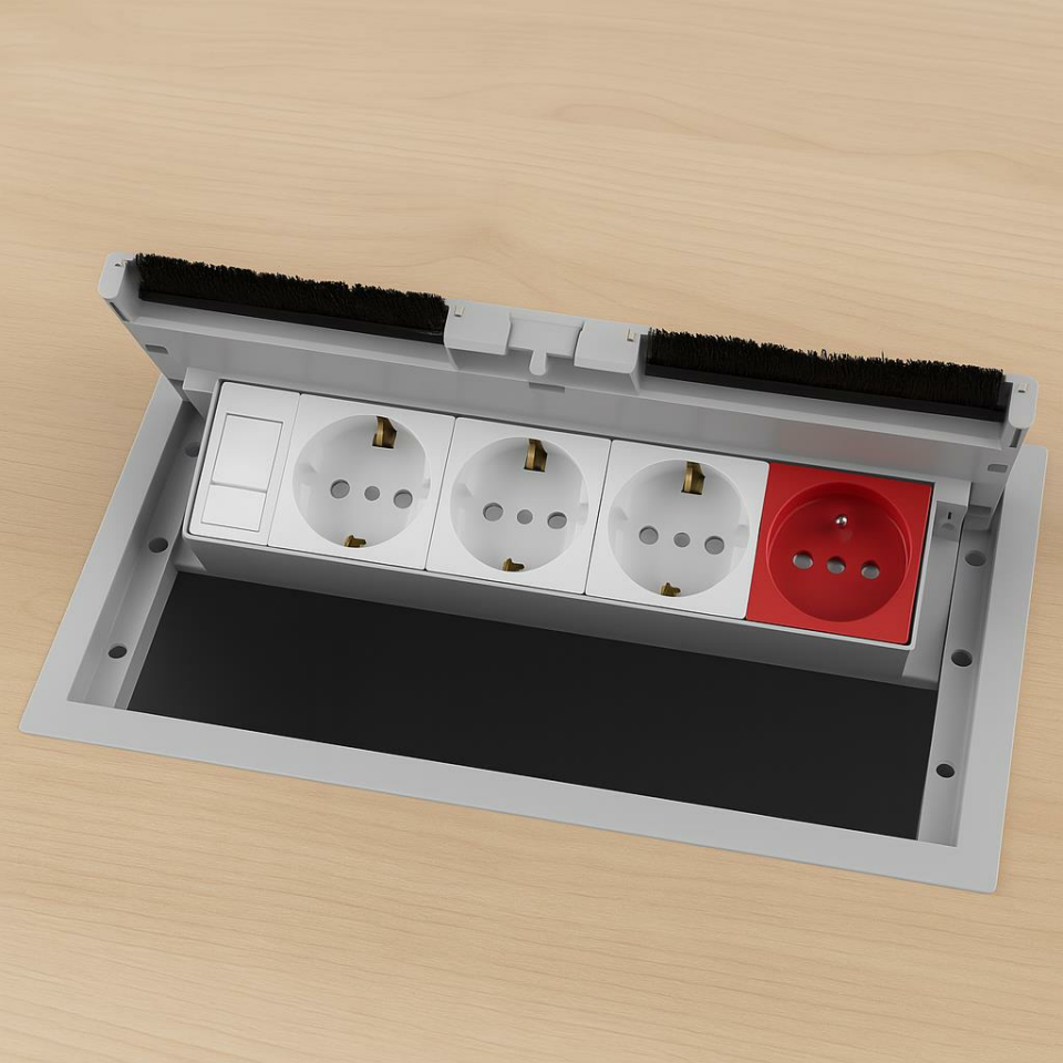 NE-AD 3100 Gri Masa Üstü Kapaklı Priz Kutusu – 3 Şebeke + 1 UPS + 1 Data Prizli, ABS Gövde