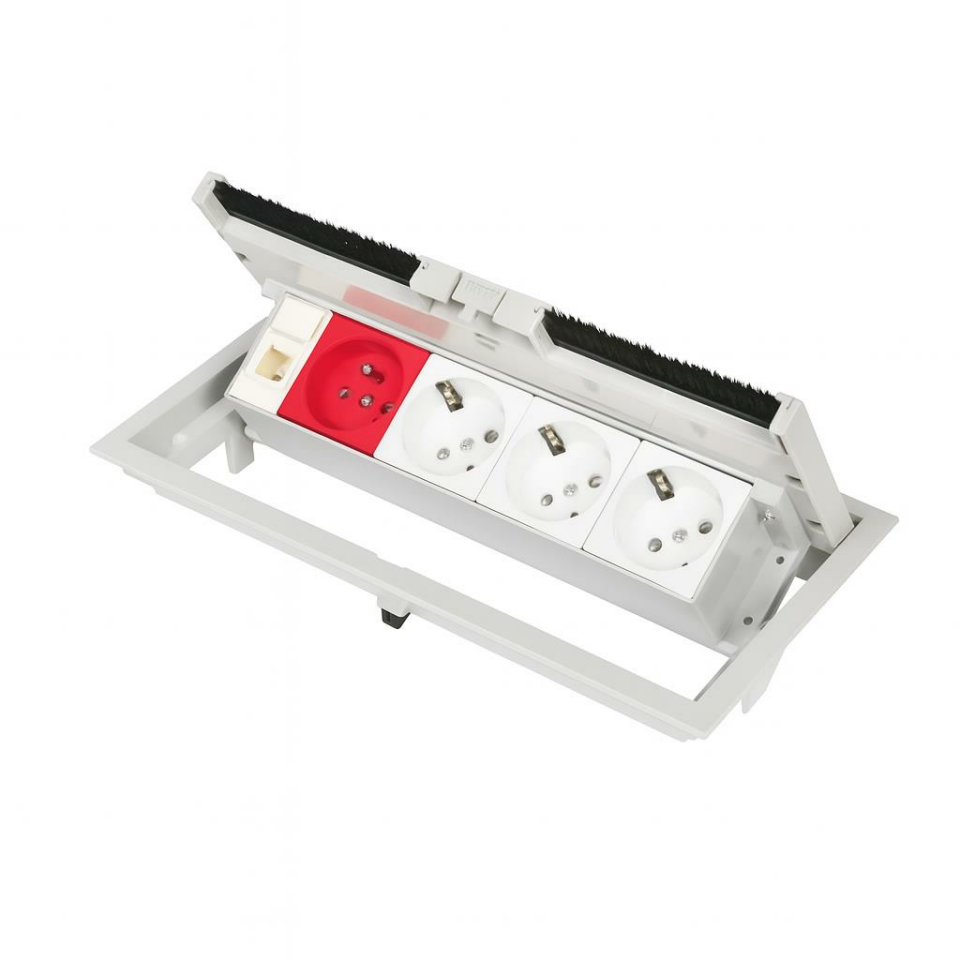 NE-AD 3100 Gri Masa Üstü Kapaklı Priz Kutusu – 3 Şebeke + 1 UPS + 1 Data Prizli, ABS Gövde