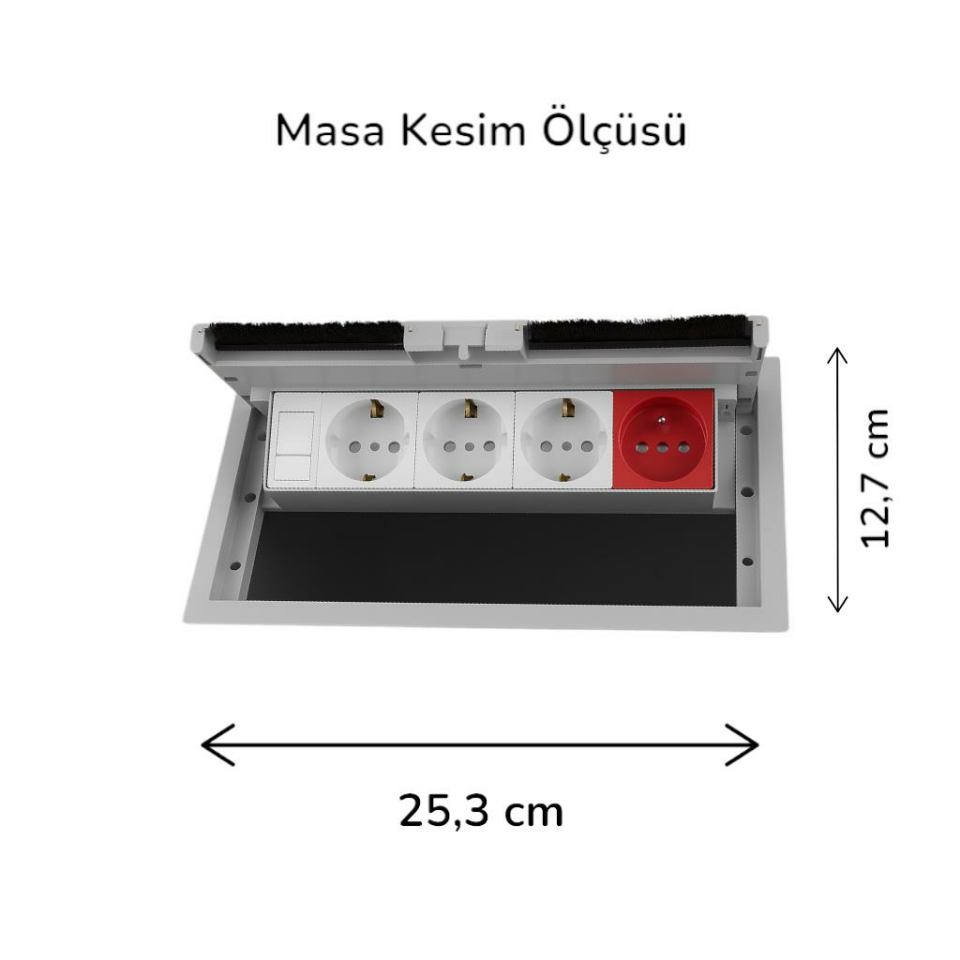 NE-AD 3100 Gri Masa Üstü Kapaklı Priz Kutusu – 3 Şebeke + 1 UPS + 1 Data Prizli, ABS Gövde