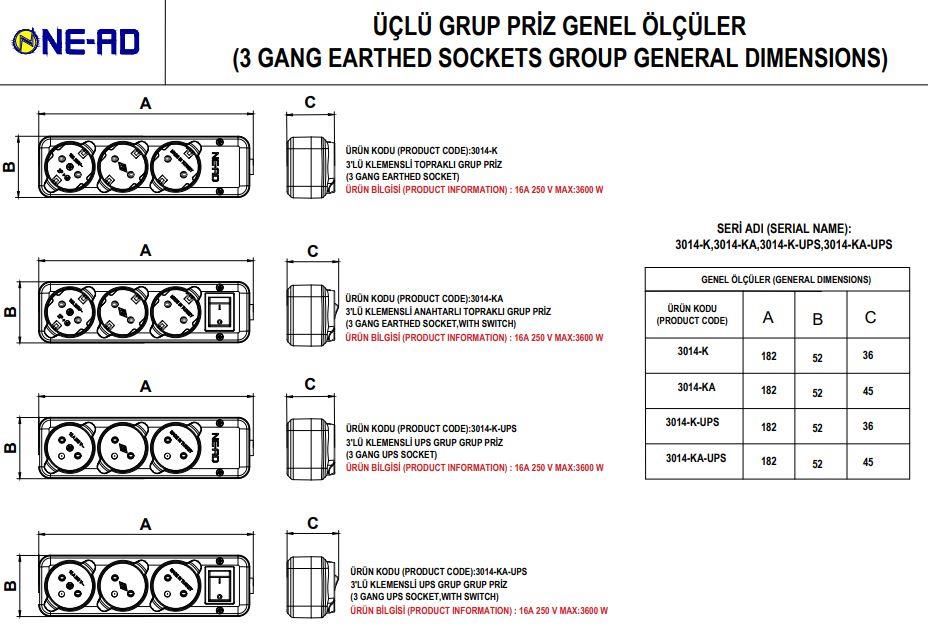 Ne-Ad Üçlü Grup Priz 3 Metre Kablolu 3014-3