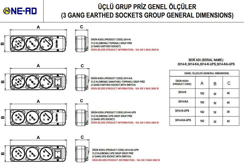Ne-Ad Üçlü Grup Priz 2 Metre Kablolu 3014-2