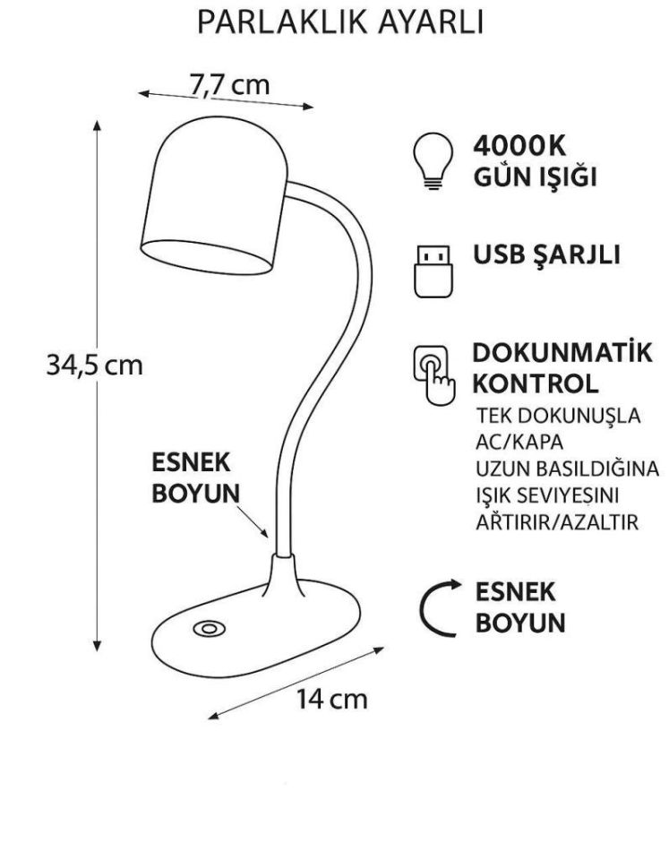 Berlin Şarjlı Dokunmatik Masa Lambası – 4000K Gün Işığı, Esnek Boyun, USB Şarjlı, Parlaklık Ayarlı LED Okuma ve Çalışma Lambası Beyaz CT-8440