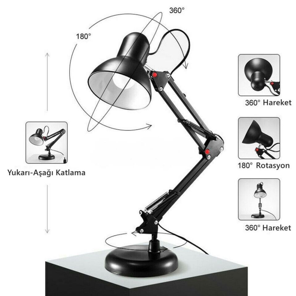 Siyah Akrobat Masa Lambası 360° Hareketli Noas Münih Çalışma Masası Lambası + Led Ampul