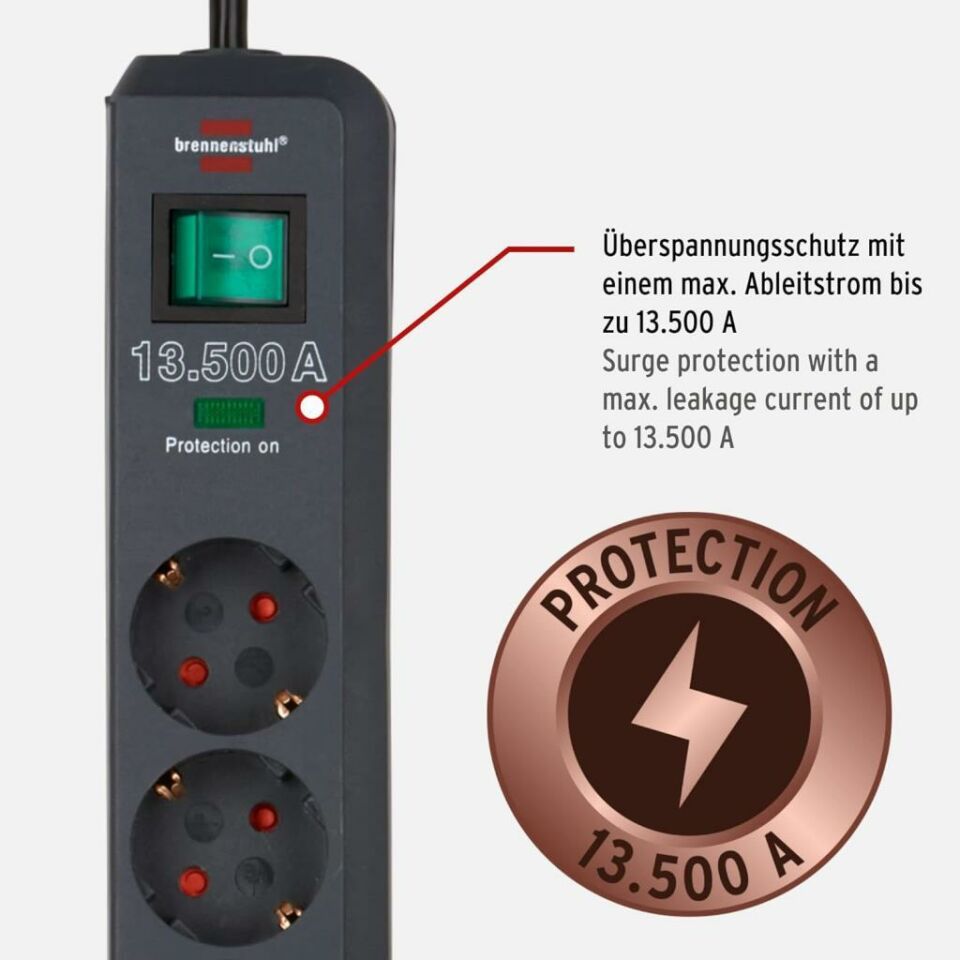 Brennenstuhl Eco-Line, 3'lü çoklu priz, yüksek gerilim korumalı (anahtarlı çoklu priz ve 1,5 m kablolu 1158820315