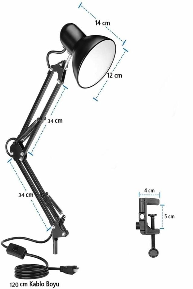 Tertial Masa Lambası 360° Hareketli Akrobat Mengeneli Noas Köln Siyah Çalışma Masası Lambası + Ampul
