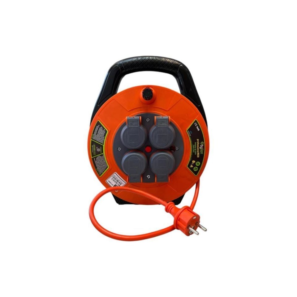 Seyyar Kablo Makarası – 10 Metre, 4 Prizli, IP44 Kapaklı, 230V 16A, 1000W – Taşınabilir Çanta Tipi Uzatma Kablosu (3x1.5mm² CCA) 10315-F Bylion