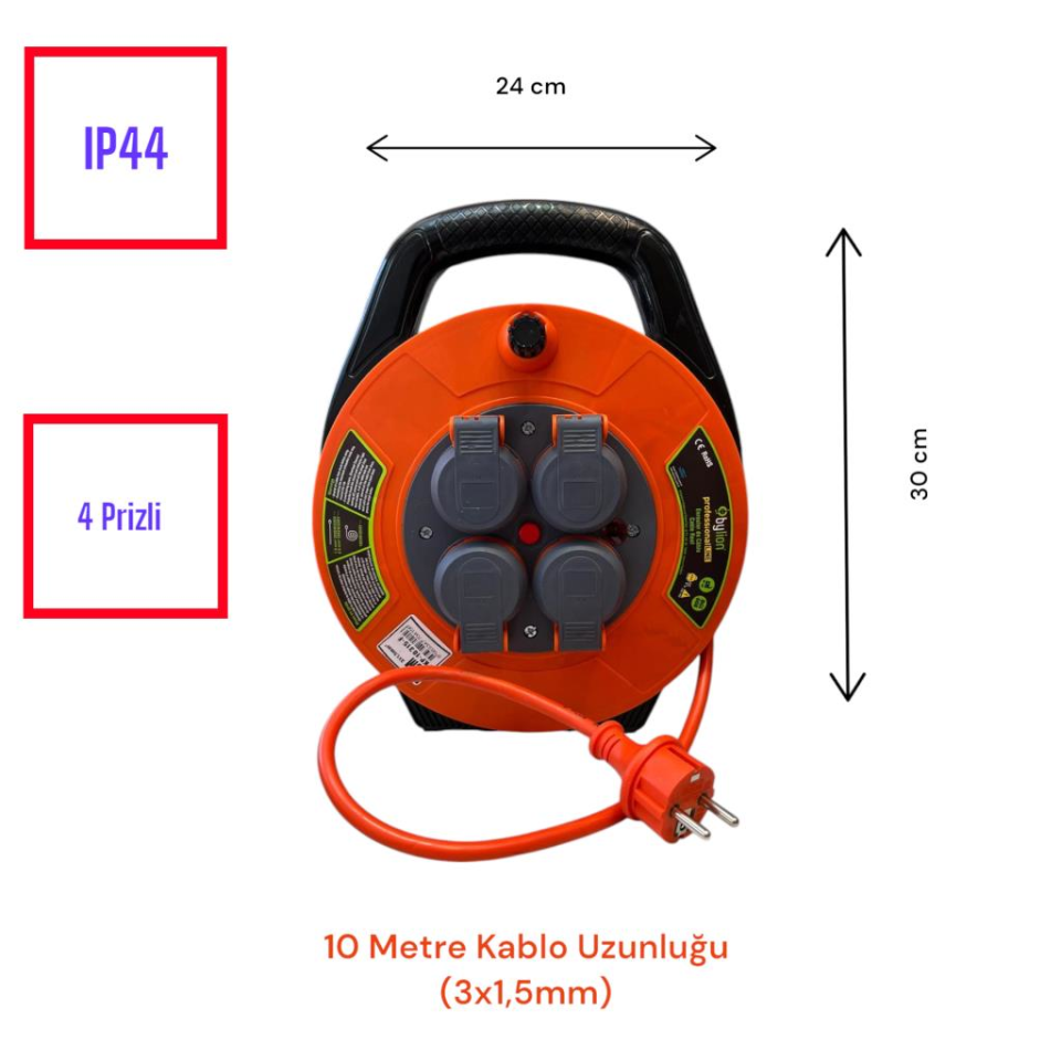 Seyyar Kablo Makarası – 10 Metre, 4 Prizli, IP44 Kapaklı, 230V 16A, 1000W – Taşınabilir Çanta Tipi Uzatma Kablosu (3x1.5mm² CCA) 10315-F Bylion