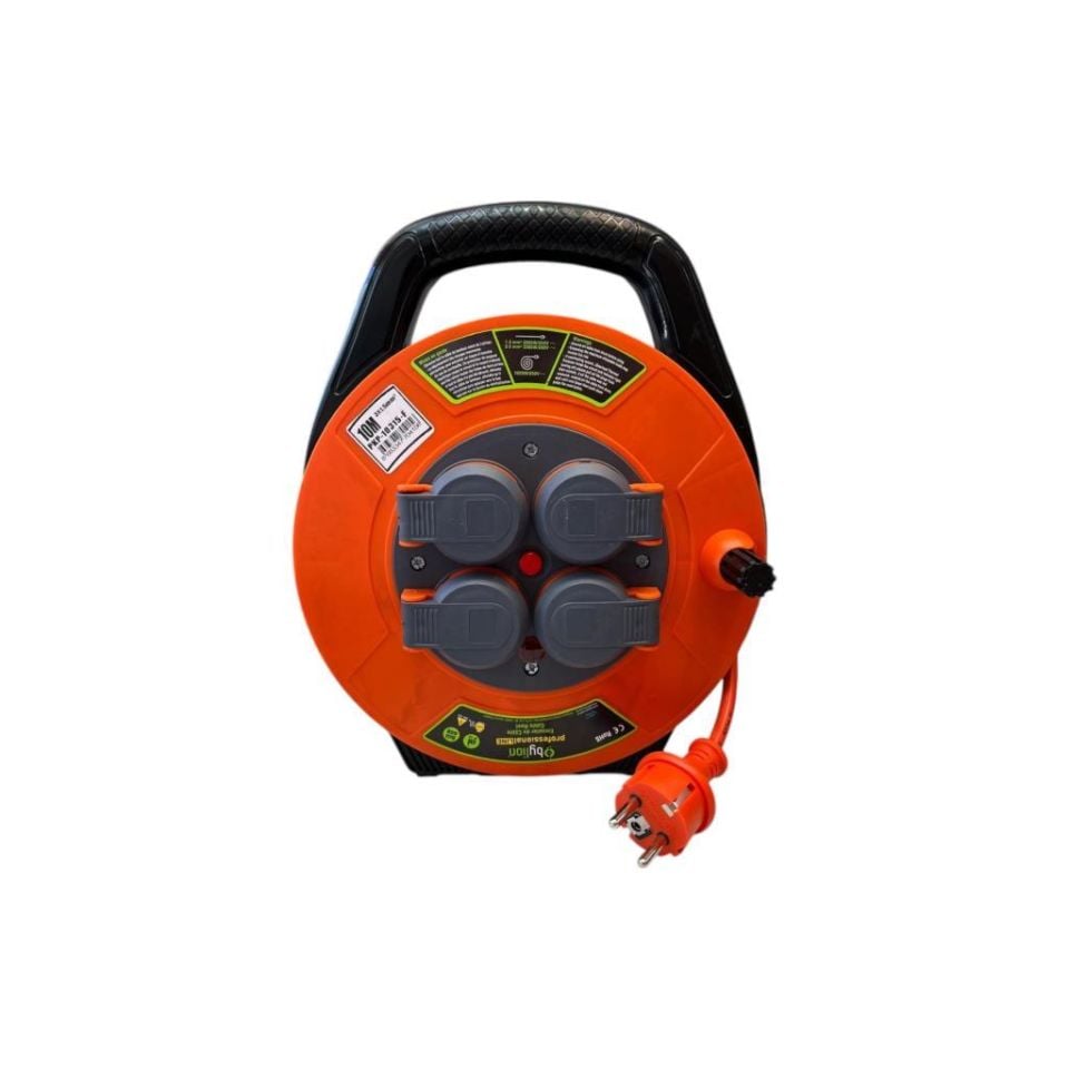 Seyyar Kablo Makarası – 10 Metre, 4 Prizli, IP44 Kapaklı, 230V 16A, 1000W – Taşınabilir Çanta Tipi Uzatma Kablosu (3x1.5mm² CCA) 10315-F Bylion