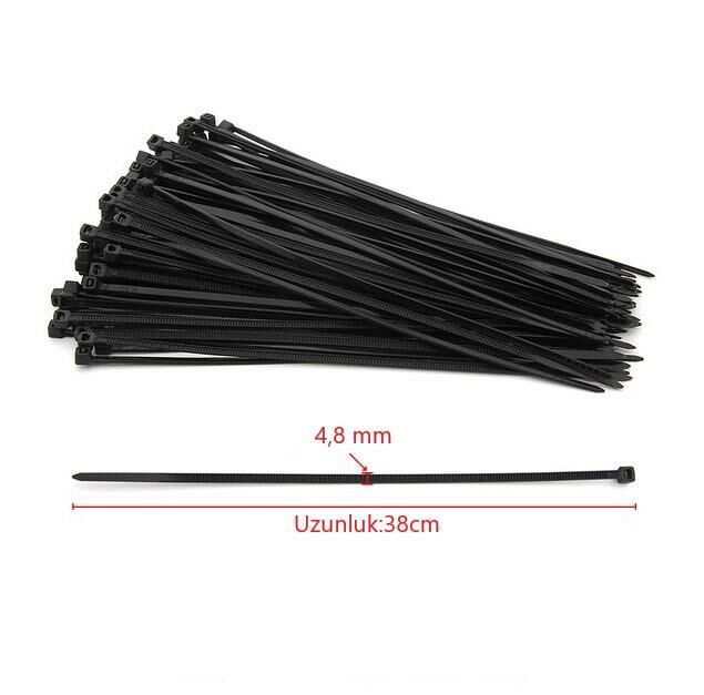 Çetsan 4,8x380 Siyah 38cm Kablo Bağı Plastik Cırt Kelepçe Toplayıcı-100 Adet
