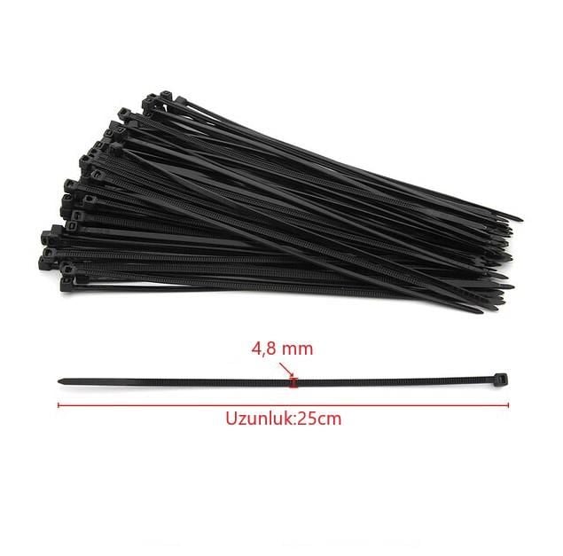 Çetsan 4,8x250 Siyah 25cm Kablo Bağı Plastik Cırt Kelepçe Toplayıcı-100 Adet