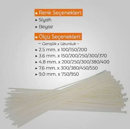 Çetsan 4,8x200 Beyaz 20cm Kablo Bağı Plastik Cırt Kelepçe Toplayıcı-100 Adet