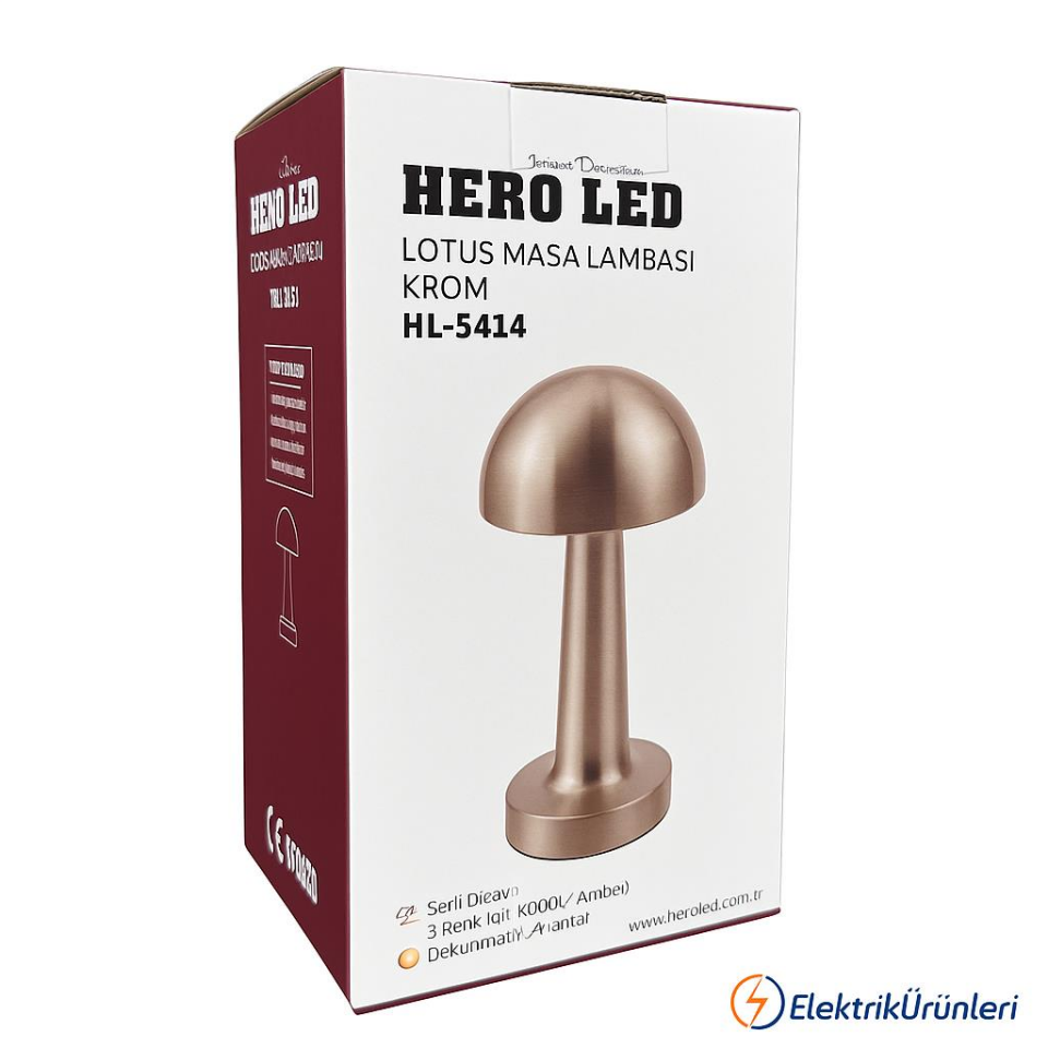 HERO LOTUS KROM Dokunmatik Şarjlı Masa Lambası HL-5414 – 3 Renk Modu, Dim Edilebilir, 6500K-3200K-Amber