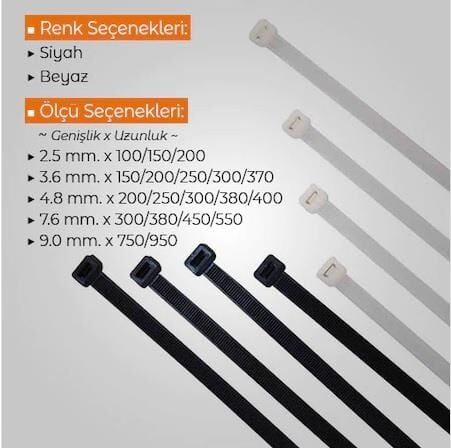 Çetsan 3,6x300 Beyaz 30cm Kablo Bağı Plastik Cırt Kelepçe Toplayıcı-100 Adet