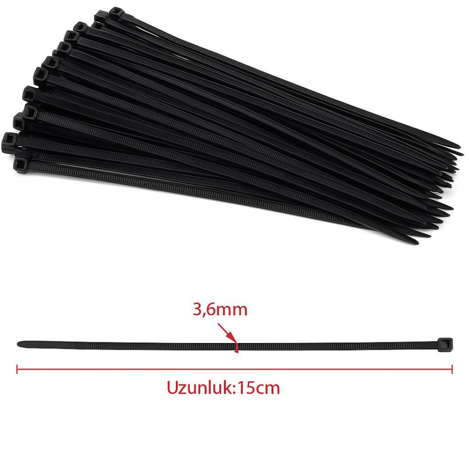 Çetsan 3,6x150 Siyah 15cm Kablo Bağı Plastik Cırt Kelepçe Toplayıcı-100 Adet