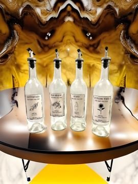 750 ML Şeffaf Şişe Sızdırmaz Başlıklı 4 Adet Cam Şişe Yağdanlık Altlıksız Zeytinyağı-Ayçiçekyağı Sirke ve Nar Ekşisi Yazılı