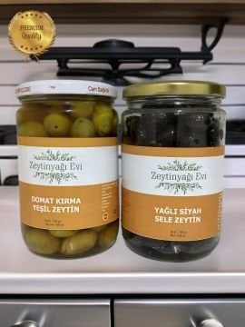 Doğal Gemlik Kırma Yeşil Zeytin ve Siyah Yağlı Sele Cam Kavanoz 2 Li Paket Koruyucu Madde Yok