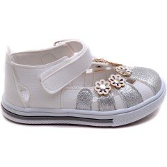 SB-322 Kız Çocuk Bebe Sandalet - Beyaz/Gri