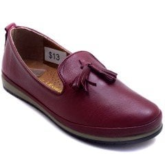 054 Püsküllü Kadın Günlük Ayakkabı - Bordo (Deri)