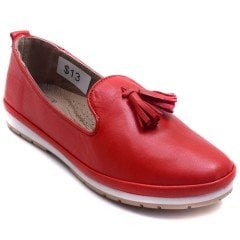 054 Püsküllü Kadın Günlük Ayakkabı - Kırmızı (Deri)