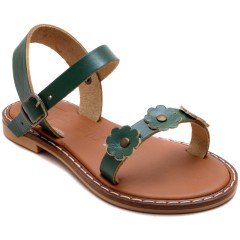 AB-5 Çiçekli Kız Patik Sandalet - Yeşil (Deri)