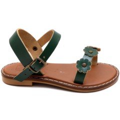 AB-5 Çiçekli Kız Patik Sandalet - Yeşil (Deri)