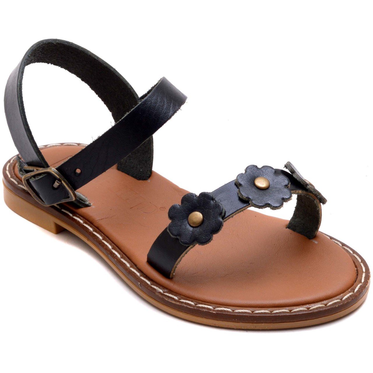 AB-5 Çiçekli Kız Patik Sandalet - Siyah (Deri)