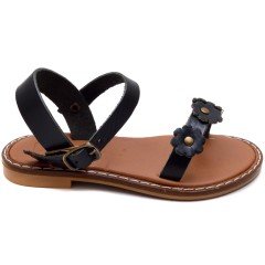 AB-5 Çiçekli Kız Patik Sandalet - Siyah (Deri)