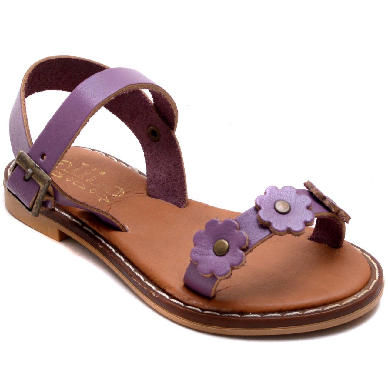 AB-5 Çiçekli Kız Patik Sandalet - Mor (Deri)