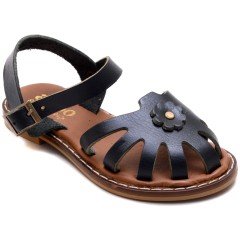 AB-7 Çiçekli Kız Patik Sandalet - Siyah (Deri)