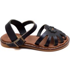 AB-7 Çiçekli Kız Patik Sandalet - Siyah (Deri)