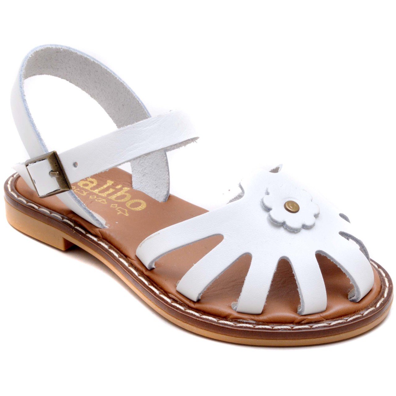 AB-7 Çiçekli Kız Patik Sandalet - Beyaz (Deri)
